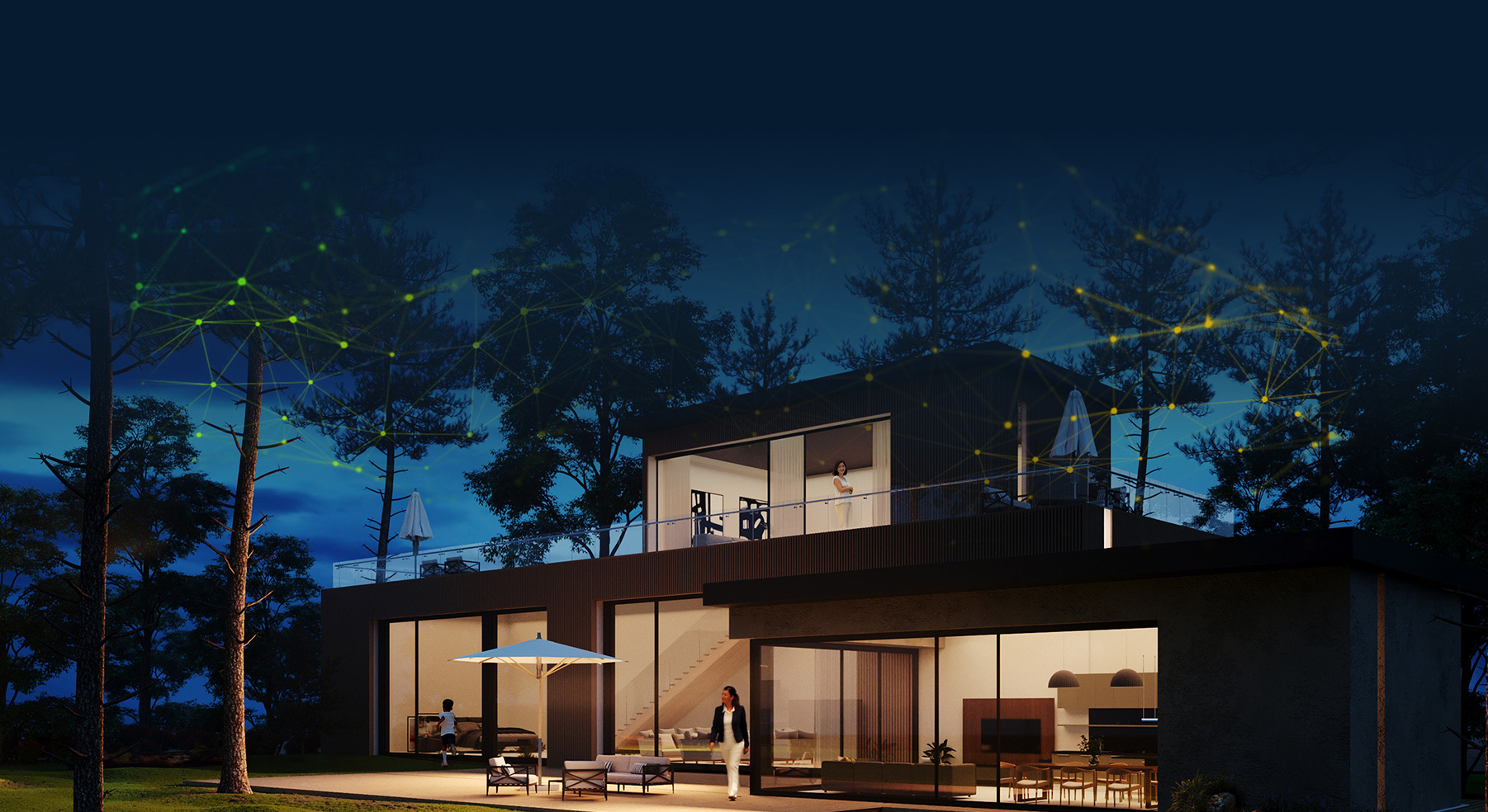 Modern house with solar panels at night